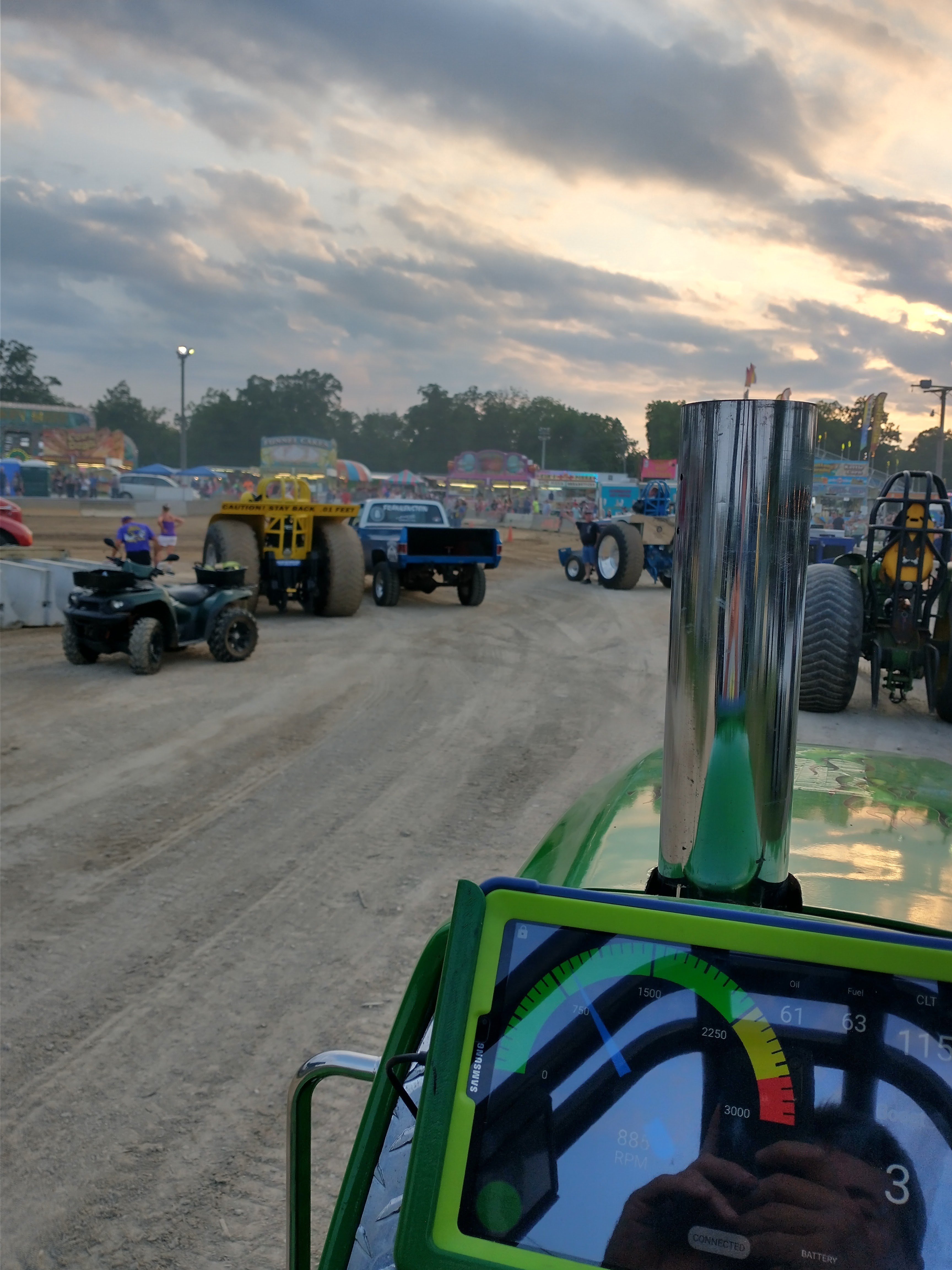 An Android tablet running EZ Dash, mounted on a tractor in the staging lanes